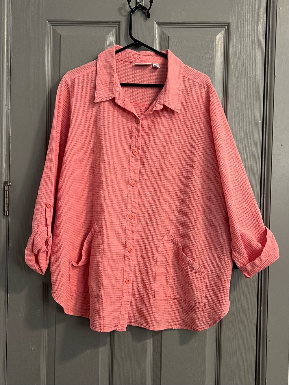 d&co. Waffle Texture Button Up Shirt Coral Pink Coastal Elevated Casual Textured